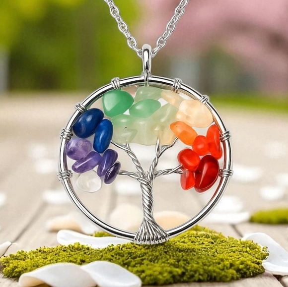 🆕️Tree Of Life 🌳 Handmade Colorful Boho Chic Pendant With Natural Stones 🌈🍃 - Picture 1 of 15
